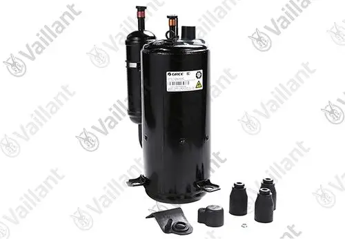 Vaillant Kompressor aus schwarzem Metall mit zwei Anschlussleitungen und mehreren Gummiteilen auf einem weißen Hintergrund.